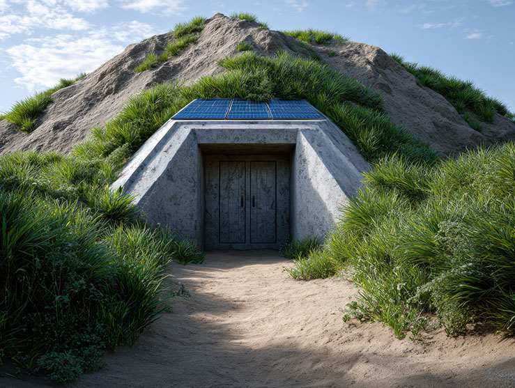 Underground concrete bunker entrance carved into a grassy hill, topped with solar panels and surrounded by green shrubs.