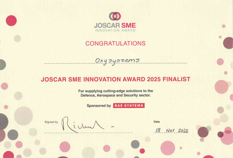 Certificate stating 'JOSCAR SME INNOVATION AWARD 2025 FINALIST' with decorative pink/gray bubbles and 'CONGRATULATIONS' header, on cream background.