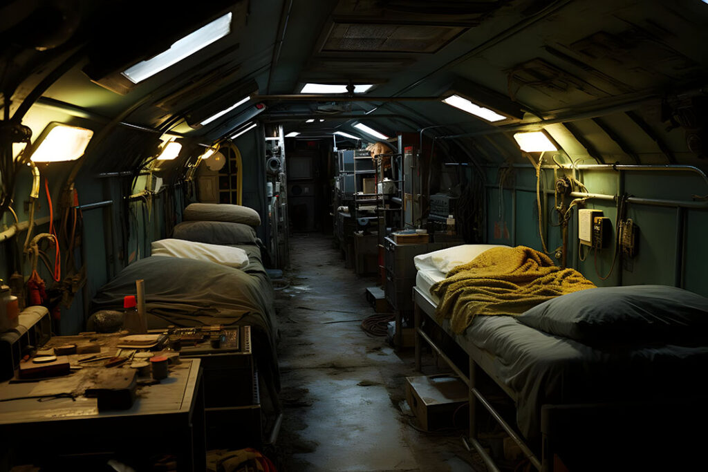 Dimly lit submarine crew berthing with rows of bunk beds, metal walls, and scattered gear along a central aisle.